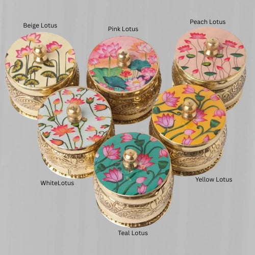 Handcrafted brass kumkum holder with pichwai-style floral design and colorful enamel work – traditional Indian pooja accessory