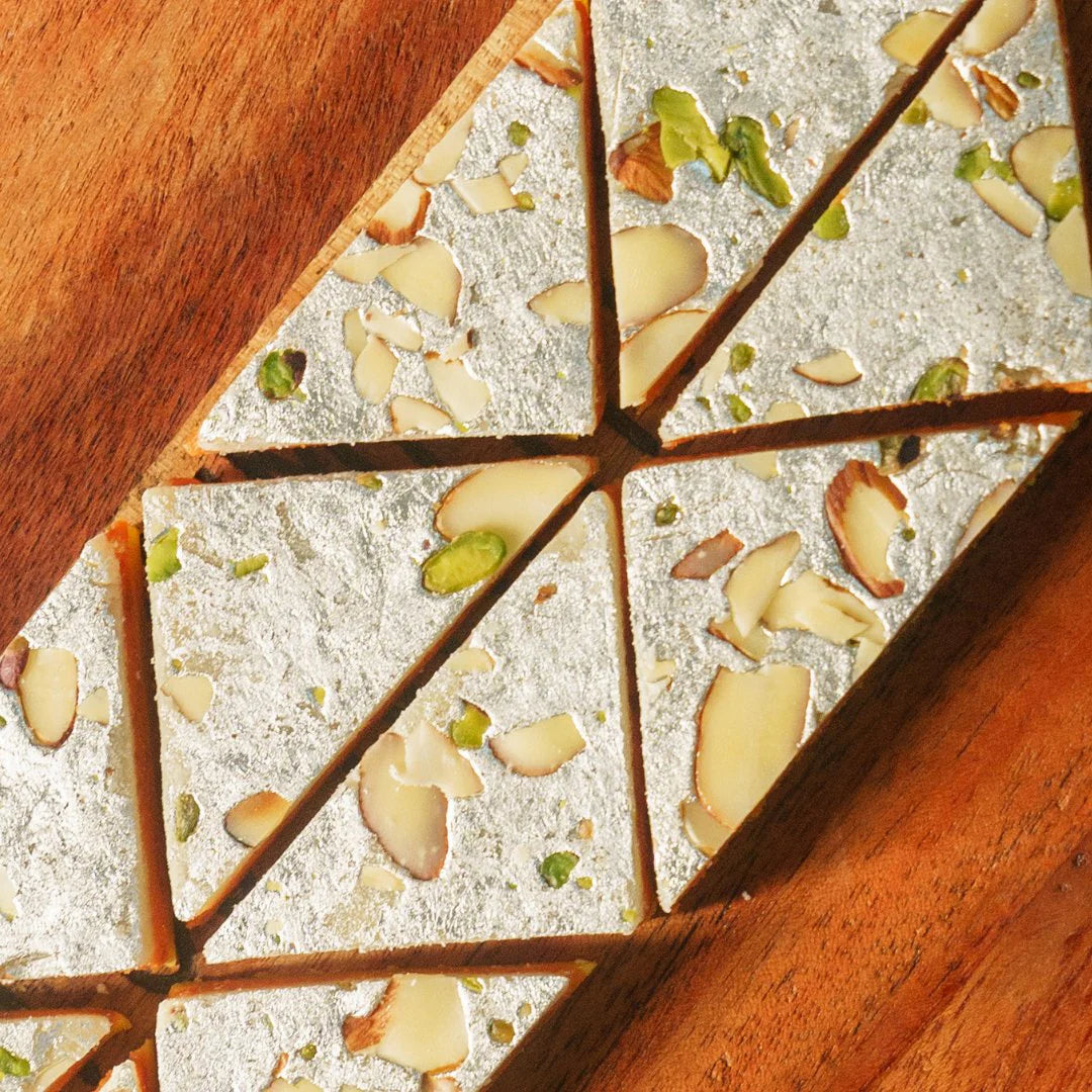 Sangam Burfi from Shree Mithai – Gulkhand and Kesar between Cashew Katli Layers
