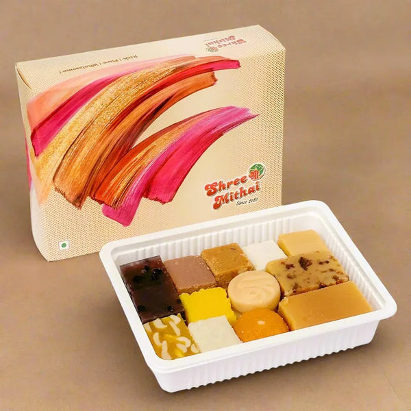 Shree Mithai Indigo Assorted Sweets 500g box – with Blueberry Halwa, Cashew Halwa, Ice Cream Burfi, Peda, Channa Bites