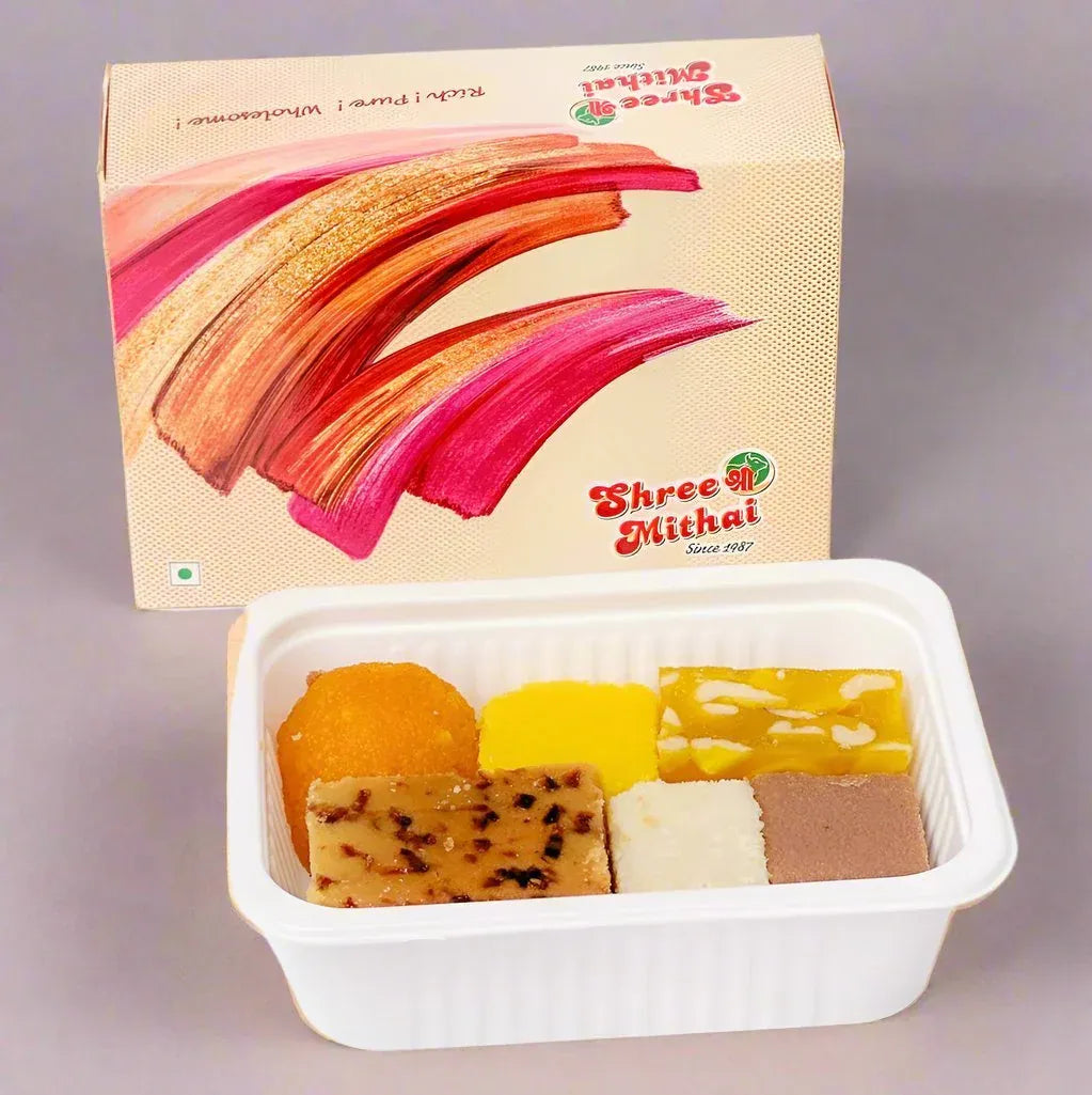 Shree Mithai Indigo Assorted Sweets 250g box – Dates Mysore Pak, Boondi Ladoo, Coconut Burfi, White Burfi, Cashew Halwa, Chocolate Burfi