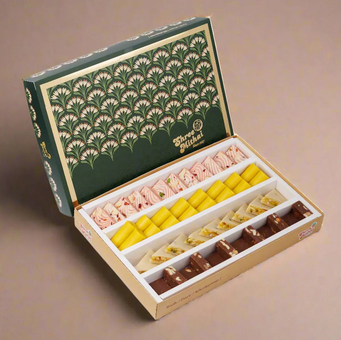 Shree Mithai Mercury Assorted Sweets 1kg box – includes Royal Burfi, cashew sweets and cranberry roll