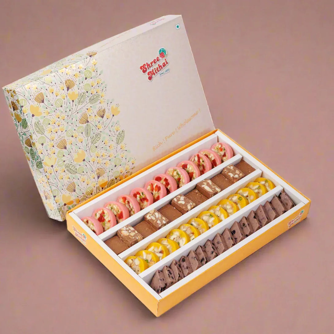 Shree Mithai Venus Assorted Sweets 1kg box – includes Blueberry Kaju Katli, Katori, Nutty Roll, Hazelnut Burfi