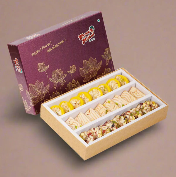 Shree Mithai Uranus Assorted Sweets 500g box – Kaju Lemon Katori, Kaju Butterscotch Fudge, Cranblue Dry Fruit Roll