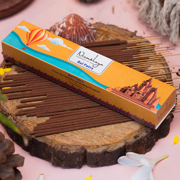 Spiritual Bel Patra incense inspired by Madhya Pradesh, evoking the sacred scent of Lord Shiva’s leaves for pooja and divine focus.
